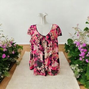 Floral Cap Sleeve top XL - XXL, pinks and black, ruffled neckline